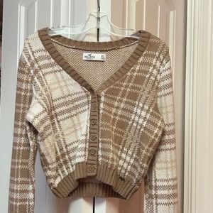 Hollister - Knit Brown and White Plaid V- Neck Sweater